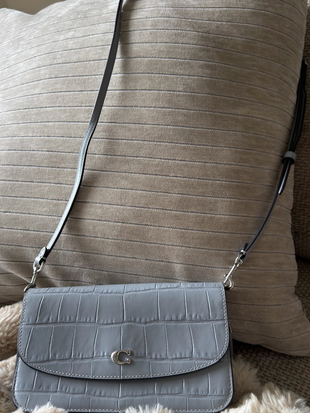 Gray Croc-Embossed Leather Crossbody Bag with Silver Hardware